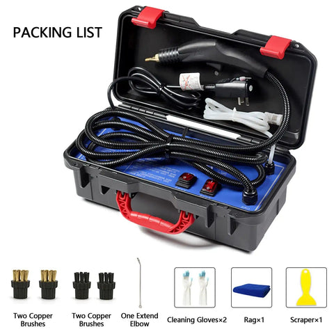 Open case with Powerful 3000W High Temperature Steam Cleaner For Home And Auto Use, shown with accessories including brushes and gloves.