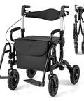 2 In 1 Folding Rollator Walker And Wheelchair Combo With Brakes For Seniors Aluminum Mobility Aid With 9 Inch Pneumatic All Terrain Tires