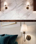 YS.ESUDSI Vintage Wall Sconces with White Handmade DIY Fabric Shade E26 mounted in kitchen and bedroom, showcasing bronze fixture and fabric shade.