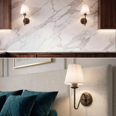YS.ESUDSI Vintage Wall Sconces with White Handmade DIY Fabric Shade E26 mounted in kitchen and bedroom, showcasing bronze fixture and fabric shade.