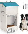 No Sweat Automatic Dog Feeder For Large Breeds With Galvanized Dry Food Dispenser, 15lb capacity, next to a happy dog.