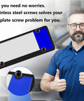 Person giving thumbs up beside Subaru Black Oxide License Plate Screws Set, Stainless Steel Grade 18-8 or 304, displayed on blue background.