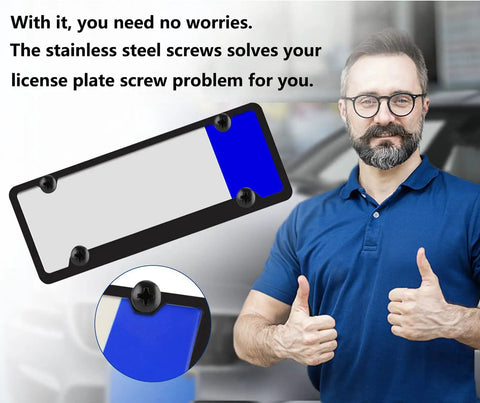 Person giving thumbs up beside Subaru Black Oxide License Plate Screws Set, Stainless Steel Grade 18-8 or 304, displayed on blue background.