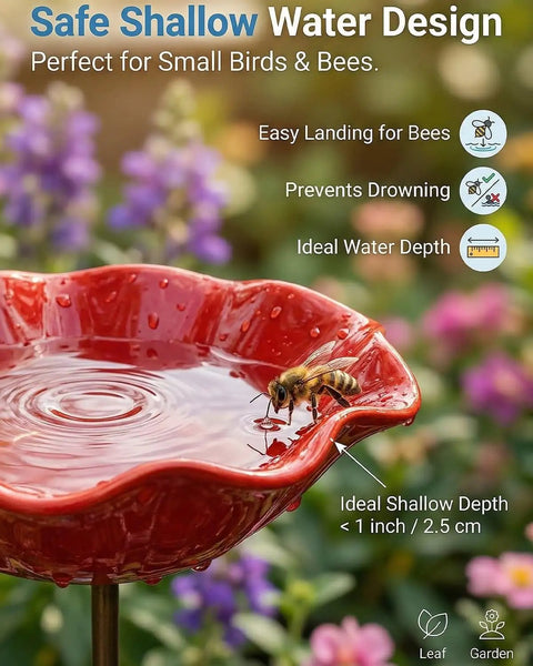 Metal Flower Garden Stake Bird Bath Watering Station For Pollinators Outdoor Garden Decor Hummingbird Fountain Butterfly Feeder Yard Art Gift Durable with bee landing; red shallow dish among flowers.