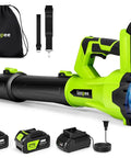 Powerful Cordless Leaf Blower with Brushless Motor, 2x 4.0Ah Batteries and Fast Charger displayed with accessories