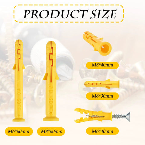 200 Piece Yellow Drywall Anchors Kit In 5 Sizes showcasing M6 and M8 sizes with example placement
