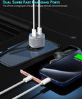 Two Pack Dual Port USB C Fast Car Charger with Nylon Braided USB C to USB C Cables, rapid charging phone in car interior