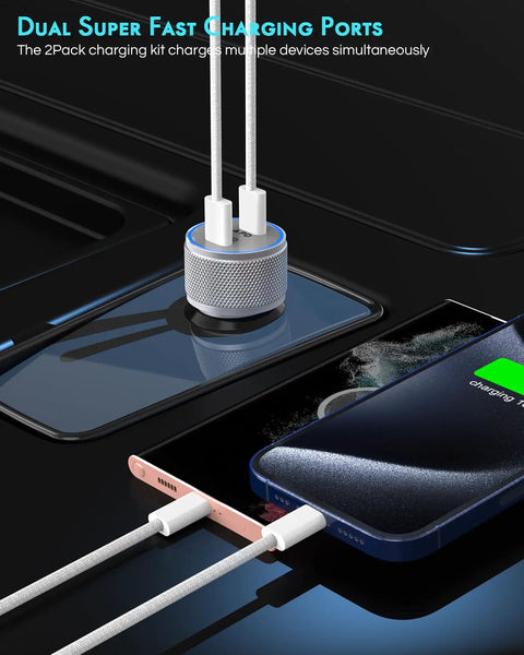 Two Pack Dual Port USB C Fast Car Charger with Nylon Braided USB C to USB C Cables, rapid charging phone in car interior