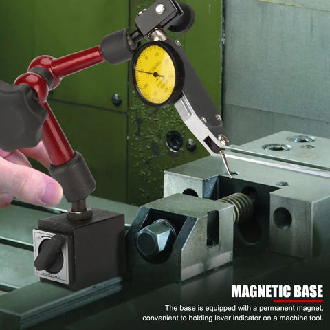 Lever Type Dial Test Indicator Set With Magnetic Base Pro Grade, 32mm Dial, Rotating Bezel, 200mm Flexible Arm, 0 to 0.8mm Range, 0.01mm Resolution, Shockproof Precision for Runout, Parallelism and Concentricity on machine tool