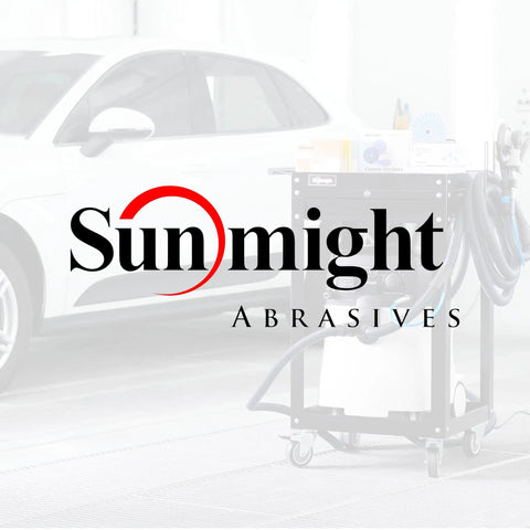 Sunmight Abrasives branding over car and sanding equipment, 3 Inch 2000 Grit Grip No Hole Round Sanding Discs Set For Wet And Dry Sanding.