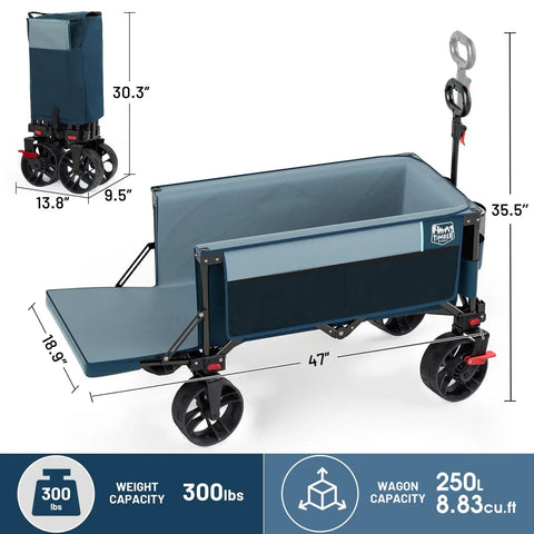 Heavy Duty Collapsible Wagon With Tailgate And Brakes All Terrain Big Wheel Cart 250L Foldable Utility Cart For Beach Camping Sand Sports Shopping 300 Lb Capacity Blue showing dimensions and features