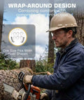 Kickass Clear Safety Glasses Built Solid With Antifog Lenses And Comfortable Fit For Hardworking Crews And Daily Grind Bulk Pack Ansi Certified Protective Eyewear worn during logging work with a chainsaw.