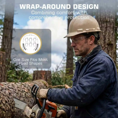 Kickass Clear Safety Glasses Built Solid With Antifog Lenses And Comfortable Fit For Hardworking Crews And Daily Grind Bulk Pack Ansi Certified Protective Eyewear worn during logging work with a chainsaw.