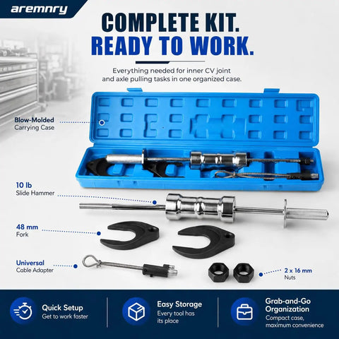 Professional 10 Lb Slide Hammer Inner CV Joint Puller Kit for FWD and AWD Axle Removal Tool with 19.5 Inch Steel Extractor Rod in blue case.