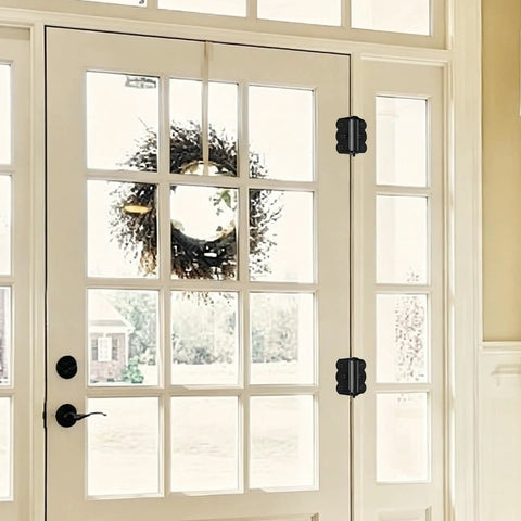 8 Pack Stainless Steel Spring Self Closing Door Hinges with Reinforced Wave Steel Frame on a glass-paneled door