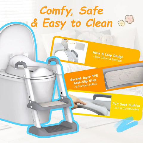 No Stress Toddler Potty Training Seat With Built In Step Stool Ladder And Heavy Duty Safety Handles Real Game Changer Featuring Super Adjustable Height Settings And Quick Fold Flat Storage In Modern Grey