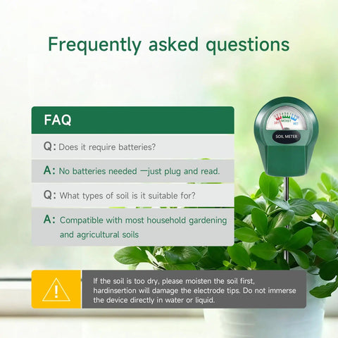FAQ on Precise Soil Moisture Meter for Plants, Hygrometer Water Monitor and Moisture Tester shown with green display.