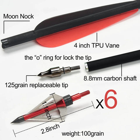 20 Inch Carbon Crossbow Bolts With Broadheads Set For Hunting And Outdoor Practice, 12 Red Arrows And 6 Broadheads, close-up of components