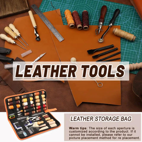 Leather Working Tools Kit For Beginners And Hobbyists, 7 In 1 Stitching Groover Awl Set With Waxed Thread, displayed on table