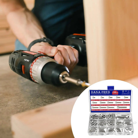 Hex Socket Head Cap Screw Kit 135 Pcs Set Stainless Steel Fasteners visible with person using a drill on wood