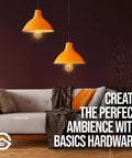Warm living room with pendant lights, couch, and text Create the Perfect Ambience with Basics Hardware