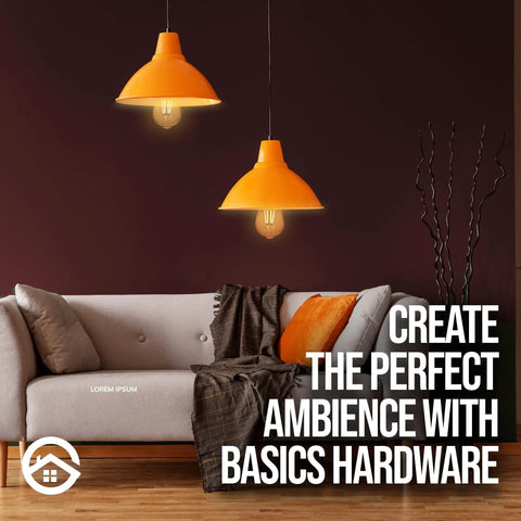 Warm living room with pendant lights, couch, and text Create the Perfect Ambience with Basics Hardware