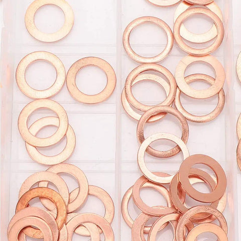 110 Piece Copper Washer Set With Mixed Sizes For Brake Lines Oil Lines And Small Engine Repair Durable High Conductivity Seals For A Tight Fit And Heat Resistance Your Go To Grounding Task Kit brass washers in mixed sizes in a plastic organizer tray