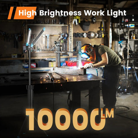 Rechargeable Work Light With Stand, Triple LED Heads For Boss Level Lighting in workshop with welder, 67 Inch Tripod visible