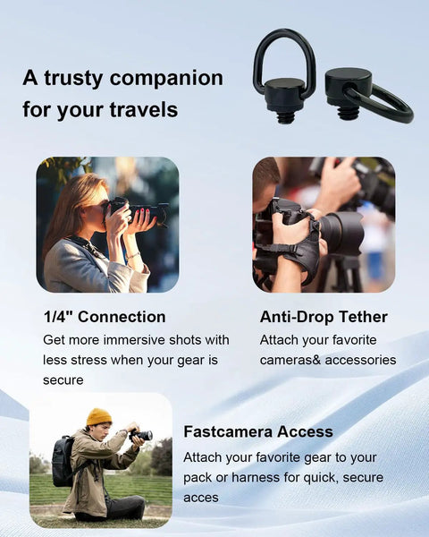 Four Pack Beefed Up Stainless Steel D Ring Screw Adapter Kit For Cameras With Soft Cushion Base and Hassle Free One Quarter Twenty Thread Mount For Tripods Selfie Sticks Gimbals And Photography Strap Gear In Classic Black with anti-drop accessory feature.