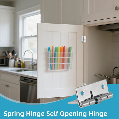 Rannb 2-inch stainless steel self-opening spring hinge installed on white kitchen cabinet door; pack of 4