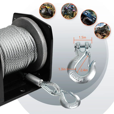 Beefy 2000 Lb Electric Winch For ATVs And UTVs 12V DC Waterproof Steel Rope with hook and towing illustrations