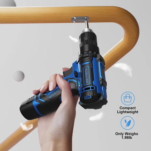 Person using 12V Cordless Drill Kit With 92 Accessories, 3/8 Inch Keyless Chuck, Built In LED Light, 25 Plus 1 Clutch Settings, Handy For Grab And Go Home DIY Projects, Cabinet Installations, Picture Hanging, Lightweight Blue on wooden surface