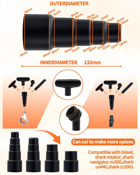 5-piece all-in-one vacuum hose adapter kit for wet dry shop vacuums, showing various adapter sizes and compatibility with popular vacuum brands.