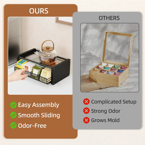 Comparison of our All In One Tea Bag Organizer With Drawers For Kitchen Countertop And Office Wooden Tea Station Storage with others