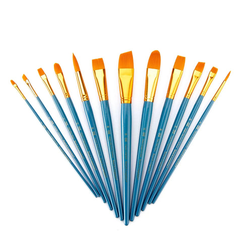 Zip N Close 12 Piece Brush Set in vinyl pouch for acrylics and watercolor, Taklon bristles, kiln-dried wood handles, arranged fan-like