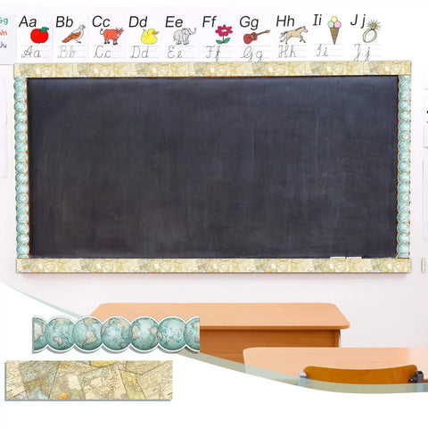 Travel The Map Bulletin Board Border With Globes For Classroom And Home Office Decor Straight Map Border Wall Decals 78.8 Feet Long Chalkboard Friendly Epic Adventure Awaits Wall Border For Any Room, shown on chalkboard with globe motifs.