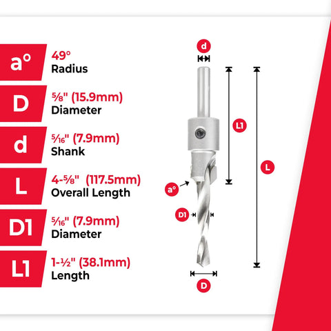 Heavy Duty Carbide Tipped Shankless Countersink Drill Bit dimensions with detailed measurements on diameter and length.