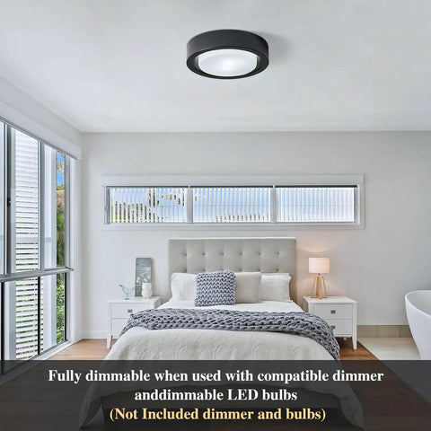 Bedroom with Matte Black Flush Mount Ceiling Light With White Frosted Glass Shade Two Light Round Metal Fixture 13 Inch