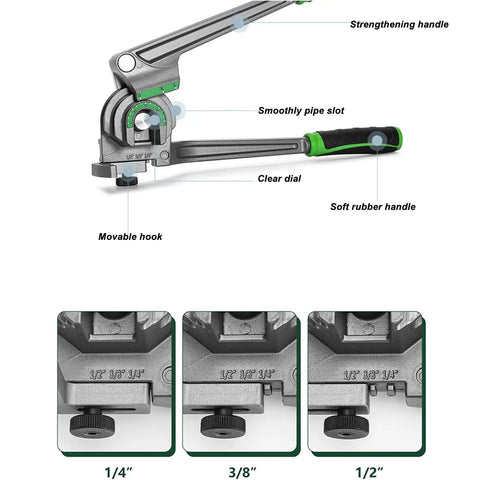 Heavy Duty Manual Tubing Bender Knocks Out Smooth 180 Degree Bends On Copper Coils And Brake Lines Quick 3 In 1 Swivel Jaw Handle Crank Setup with rubber handle and clear dial.