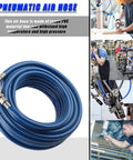 Kickass 15 Meter 50 Foot Blue Flexible Pneumatic PVC Air Compressor Hose Quick Coupler For High Pressure On Pneumatic Tools Triple Layer Build Resists Wear And Tear Perfect For Tough Jobs And Diy Gigs Inside The Garage Today coiled blue PVC air hose with quick coupler