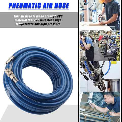 Kickass 15 Meter 50 Foot Blue Flexible Pneumatic PVC Air Compressor Hose Quick Coupler For High Pressure On Pneumatic Tools Triple Layer Build Resists Wear And Tear Perfect For Tough Jobs And Diy Gigs Inside The Garage Today coiled blue PVC air hose with quick coupler