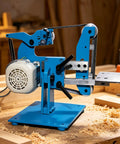 Heavy Duty 750W Double-Use Vertical And Horizontal Belt Sander With Brushless Motor Knife Sharpener and Polisher Tool on workbench.