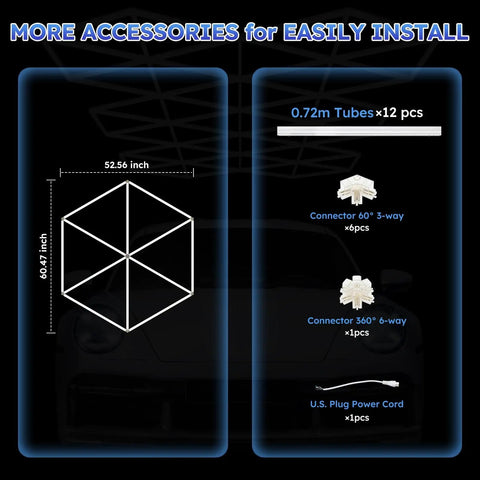 Triangle Hexagon LED Ceiling Lights 12 Pack 710W 78,100LM Honeycomb Design install parts and dimensions for garage workshop warehouse and gym