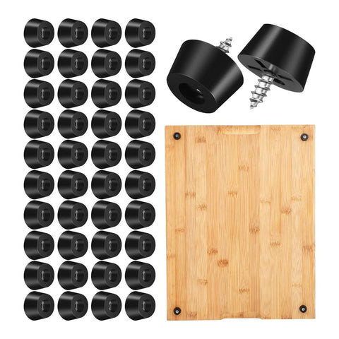 120 Sets Screw-On Rubber Feet For Cutting Boards, Furniture Legs, And Appliances Anti-Slip Plastic Bumpers shown with cutting board
