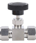 High-pressure needle valve, front view; 304 stainless steel body, black knurled knob, 1/2 in. fittings.