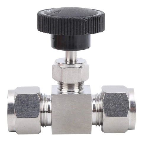 High-pressure needle valve, front view; 304 stainless steel body, black knurled knob, 1/2 in. fittings.