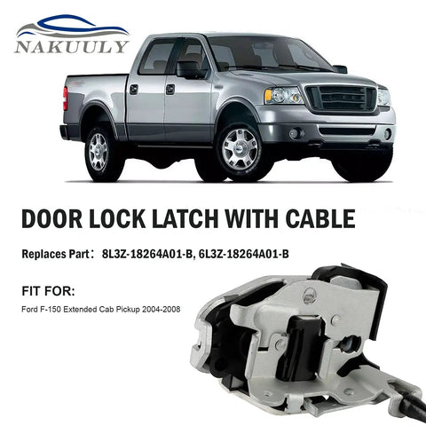 Rear Left Driver Side Door Lock Actuator Latch Assembly With Cable For 2004 To 2008 Ford F150 Extended Cab Pickup Truck close-up view showing detail and design.