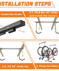 Installation steps for ceiling mounted overhead bike rack for garage space saving storage hooks that hold 2 bikes horizontally or 4 bikes vertically.
