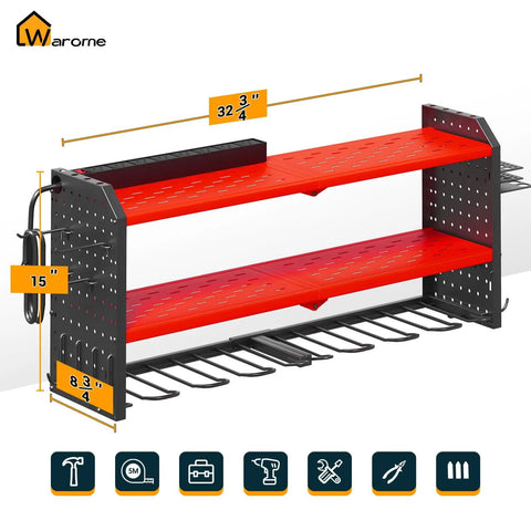 Power Tool Organizer With Charging Station, Wall Mount Rack And 8 Outlet Power Strip, Garage Tool Storage With Cordless Drill Holders And Battery Shelf In Red, Space Saving Vertical Wall Mounted Garage Organizer, side view with dimensions