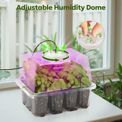 Seed Starter Kit With Grow Light And Elevated Humidity Dome For Seed Starting, Clear Cell Tray, Adjustable Humidity, 12 Full Spectrum LED Beads, Indoor Greenhouse, 6 Pack